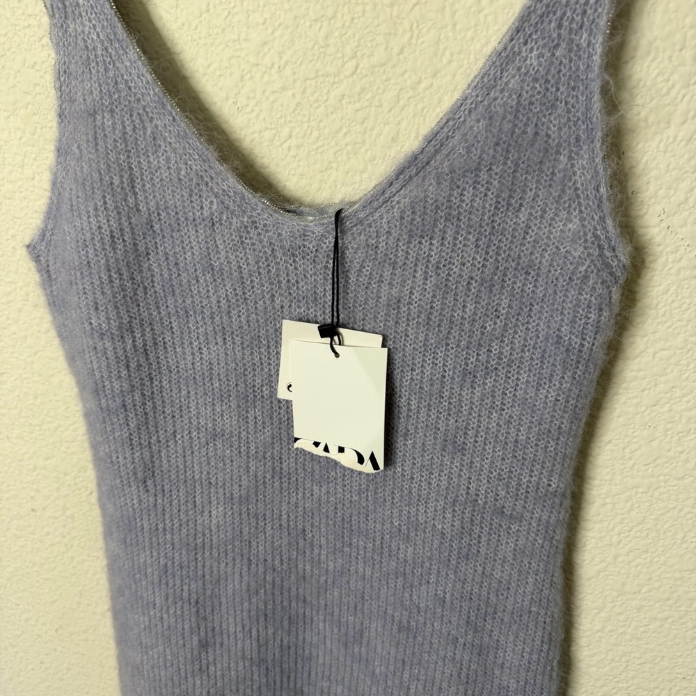 NWT Zara Wool‎ Alpaca Beaded Strappy Dress Gray Sleeves Midi Tank Women’s Size S - Picture 4 of 7